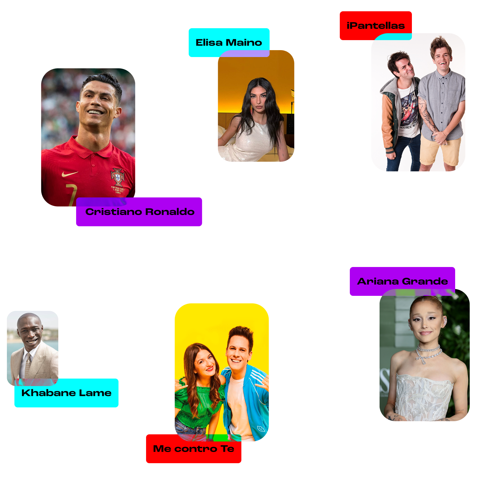 Collage of six prominent individuals: Cristiano Ronaldo, Elisa Maino, iPantellas, Khabane Lame, Me contro Te, and Ariana Grande, highlighted as key voices