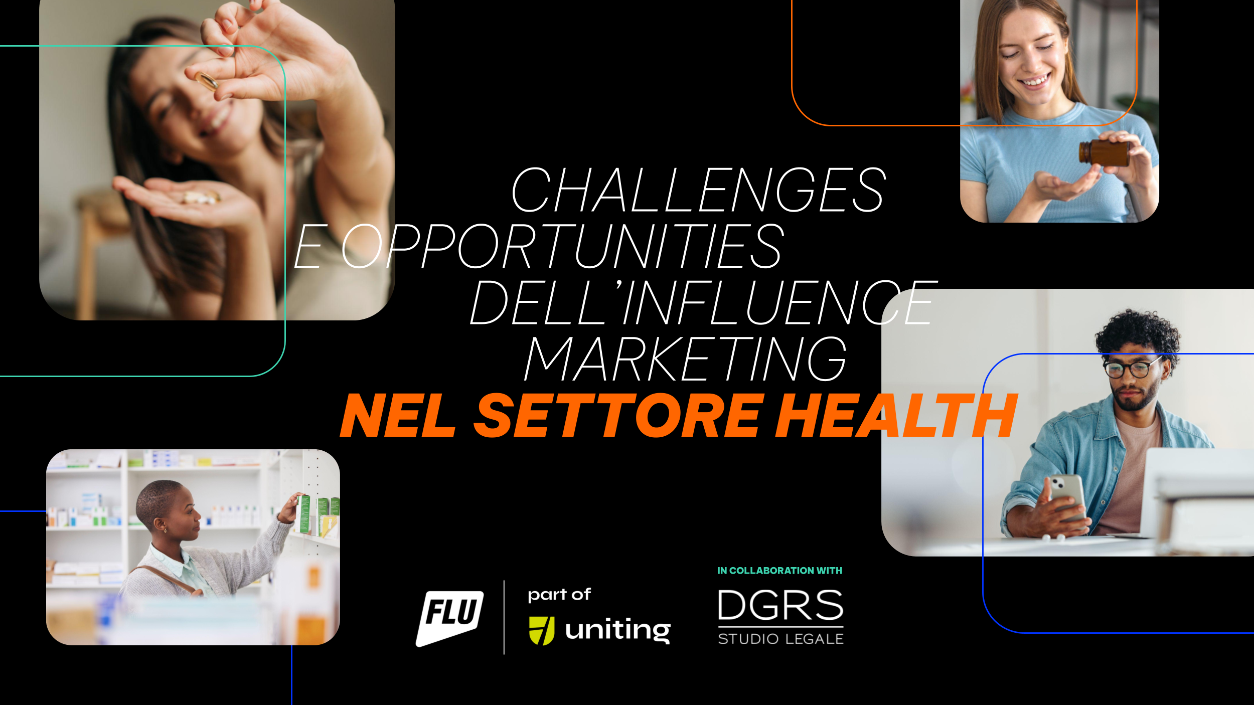 Cover of the white paper "Influence Marketing e il Settore Health & Wellness" by Flu Agency, featuring abstract medical and digital design elements